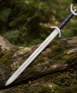 Decorative Celtic knight sword featuring a polished blade and crescent crossguard.