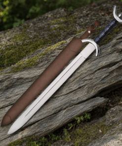 Fantasy Celtic War Sword resting on a rustic wooden log with medieval styling.