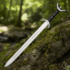 Medieval Celtic War Sword with brown leather scabbard in a forest setting.