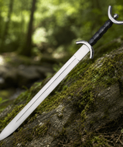 Medieval Celtic War Sword with brown leather scabbard in a forest setting.