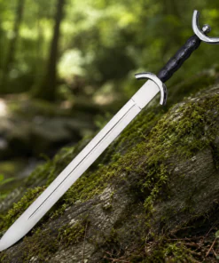 Medieval Celtic War Sword with brown leather scabbard in a forest setting.