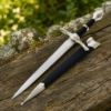 14 Inch Ranger Medieval Dagger with Matching Scabbard Displayed on Rustic Wooden Log
