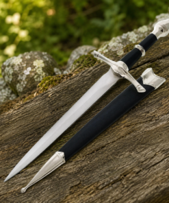 14 Inch Ranger Medieval Dagger with Matching Scabbard Displayed on Rustic Wooden Log