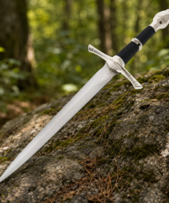 14 Inch Ranger Medieval Dagger with Matching Scabbard Displayed on Rustic Wooden Log