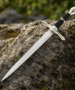 14 Inch Ranger Medieval Dagger with Matching Scabbard Displayed on Rustic Wooden Log