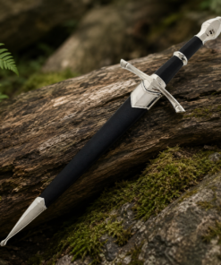 14 Inch Ranger Medieval Dagger with Matching Scabbard Displayed on Rustic Wooden Log