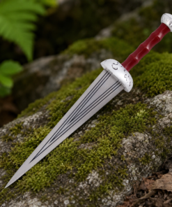 30 Inch Meliodas Gladius Liz Replica Sword with Decorative Scabbard Displayed on Rustic Wood
