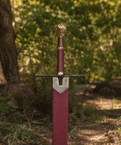 Chronicles of Narnia Prince Sword Replica featuring the Gold Rhindon design with a polished stainless steel blade and lion-head pommel.