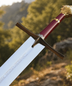 Chronicles of Narnia Prince Sword Replica featuring the Gold Rhindon design with a polished stainless steel blade and lion-head pommel.