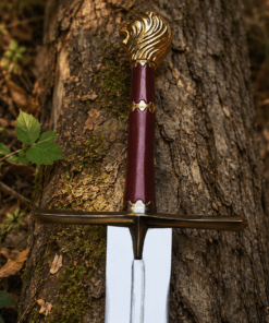 Chronicles of Narnia Prince Sword Replica featuring the Gold Rhindon design with a polished stainless steel blade and lion-head pommel.