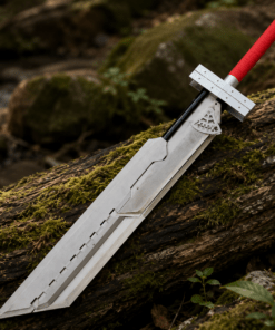 Buster Sword Replica inspired by Cloud Strife from Final Fantasy VII Remake with full-size metal blade for cosplay and collectors.