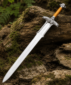 Conan Sword Replica with polished stainless steel blade and ornate medieval crossguard for cosplay and collectors.