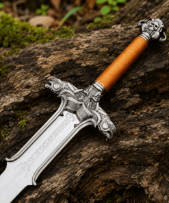 Conan Sword Replica with polished stainless steel blade and ornate medieval crossguard for cosplay and collectors.