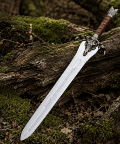 Conan Sword Replica with polished stainless steel blade and ornate medieval crossguard for cosplay and collectors.