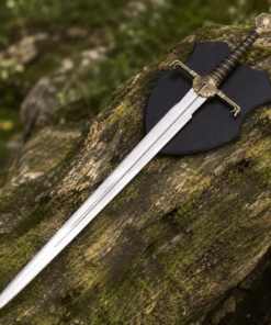 Dark Sister-inspired replica sword with polished stainless steel blade and ornate metal hilt mounted on a decorative wall plaque.