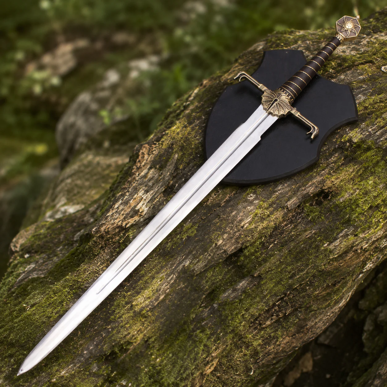 Dark Sister-inspired replica sword with polished stainless steel blade and ornate metal hilt mounted on a decorative wall plaque.
