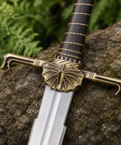 Dark Sister-inspired replica sword with polished stainless steel blade and ornate metal hilt mounted on a decorative wall plaque.