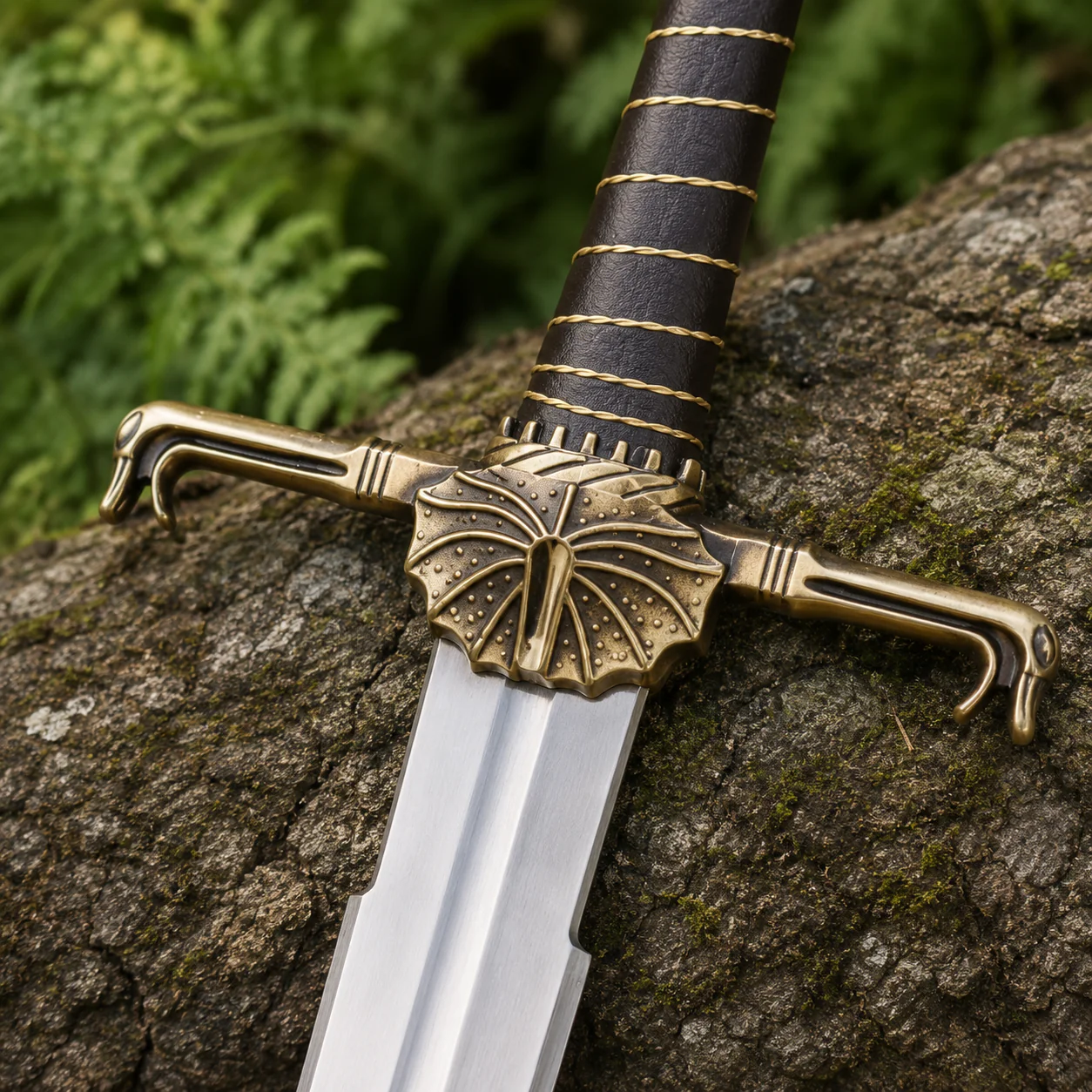 Dark Sister-inspired replica sword with polished stainless steel blade and ornate metal hilt mounted on a decorative wall plaque.