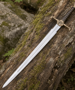 Dark Sister-inspired replica sword with polished stainless steel blade and ornate metal hilt mounted on a decorative wall plaque.