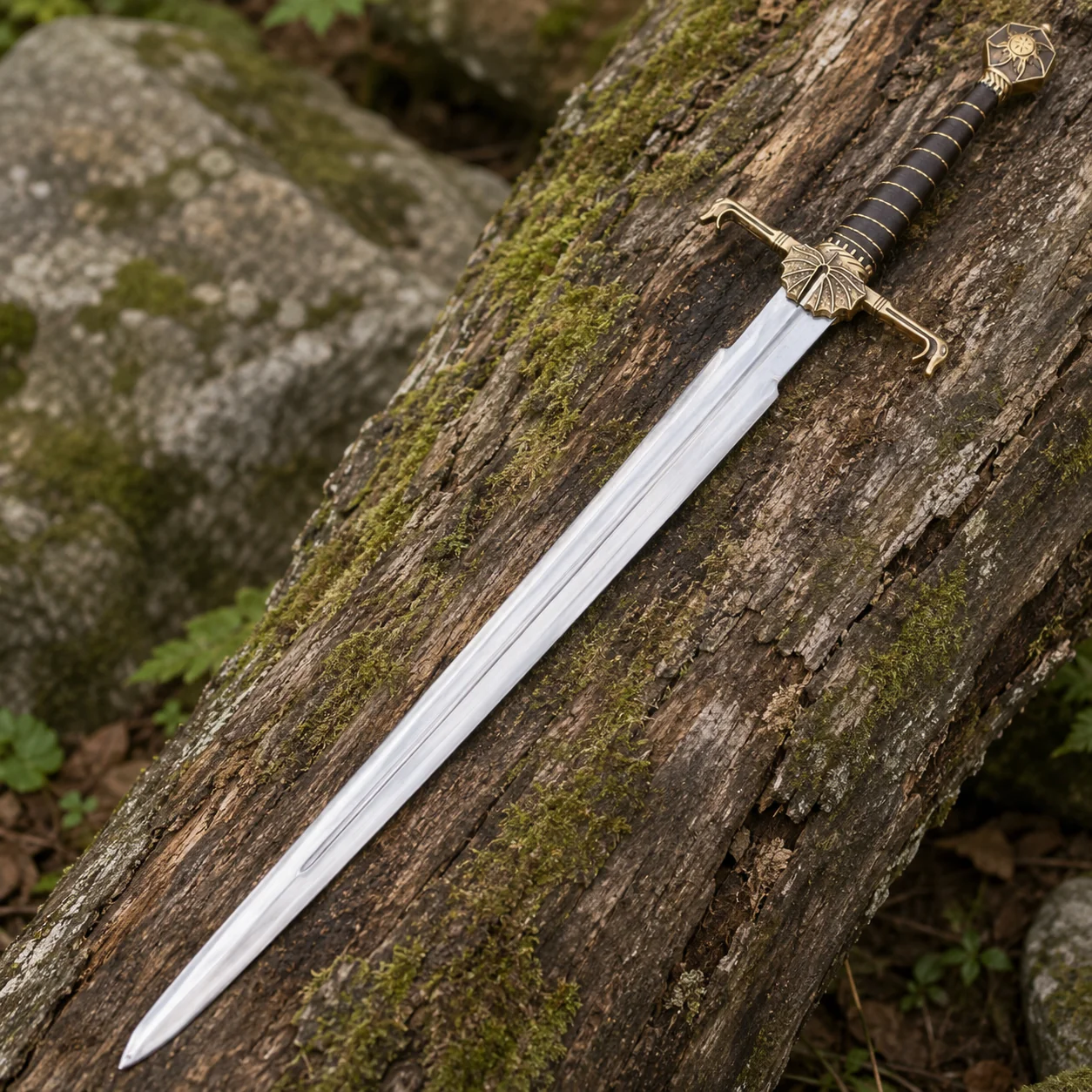 Dark Sister-inspired replica sword with polished stainless steel blade and ornate metal hilt mounted on a decorative wall plaque.