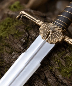 Dark Sister-inspired replica sword with polished stainless steel blade and ornate metal hilt mounted on a decorative wall plaque.