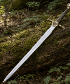Dark Sister-inspired replica sword with polished stainless steel blade and ornate metal hilt mounted on a decorative wall plaque.