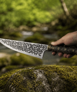 Vorpal Blade Replica inspired by Alice: Madness Returns displayed on a black stand with an engraved stainless steel blade.