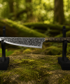 Vorpal Blade Replica inspired by Alice: Madness Returns displayed on a black stand with an engraved stainless steel blade.