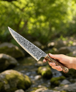 Vorpal Blade Replica inspired by Alice: Madness Returns displayed on a black stand with an engraved stainless steel blade.