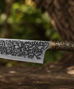 Vorpal Blade Replica inspired by Alice: Madness Returns displayed on a black stand with an engraved stainless steel blade.