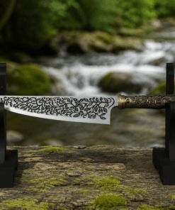 Vorpal Blade Replica inspired by Alice: Madness Returns displayed on a black stand with an engraved stainless steel blade.