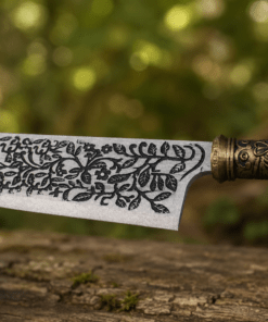 Vorpal Blade Replica inspired by Alice: Madness Returns displayed on a black stand with an engraved stainless steel blade.
