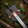 Dark Sister Sword replica with Damascus-style blade and ornate gold crossguard inspired by Game of Thrones.
