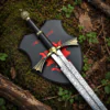 Dark Sister Sword replica with Damascus-style blade and ornate gold crossguard inspired by Game of Thrones.