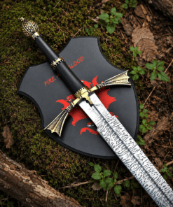 Dark Sister Sword replica with Damascus-style blade and ornate gold crossguard inspired by Game of Thrones.