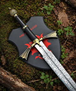 Dark Sister Sword replica with Damascus-style blade and ornate gold crossguard inspired by Game of Thrones.