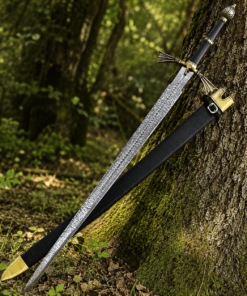 Dark Sister Sword replica with Damascus-style blade and ornate gold crossguard inspired by Game of Thrones.