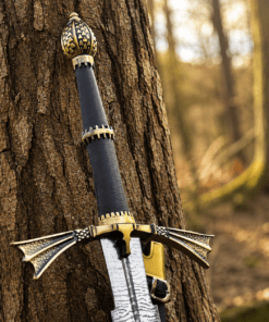 Dark Sister Sword replica with Damascus-style blade and ornate gold crossguard inspired by Game of Thrones.