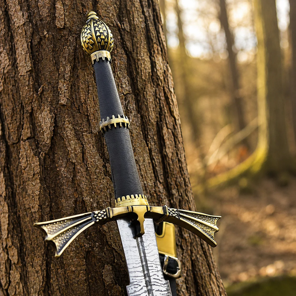 Dark Sister Sword replica with Damascus-style blade and ornate gold crossguard inspired by Game of Thrones.