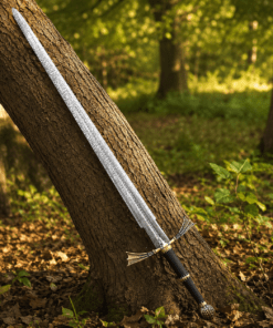 Dark Sister Sword replica with Damascus-style blade and ornate gold crossguard inspired by Game of Thrones.