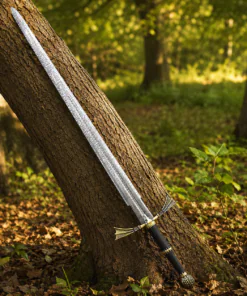 Dark Sister Sword replica with Damascus-style blade and ornate gold crossguard inspired by Game of Thrones.