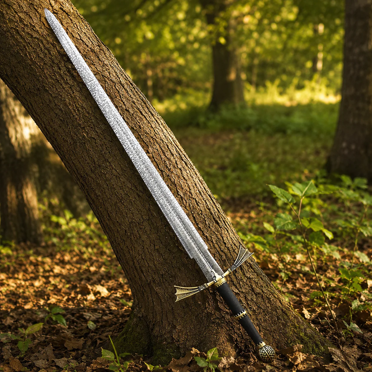 Dark Sister Sword replica with Damascus-style blade and ornate gold crossguard inspired by Game of Thrones.