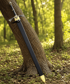 Dark Sister Sword replica with Damascus-style blade and ornate gold crossguard inspired by Game of Thrones.