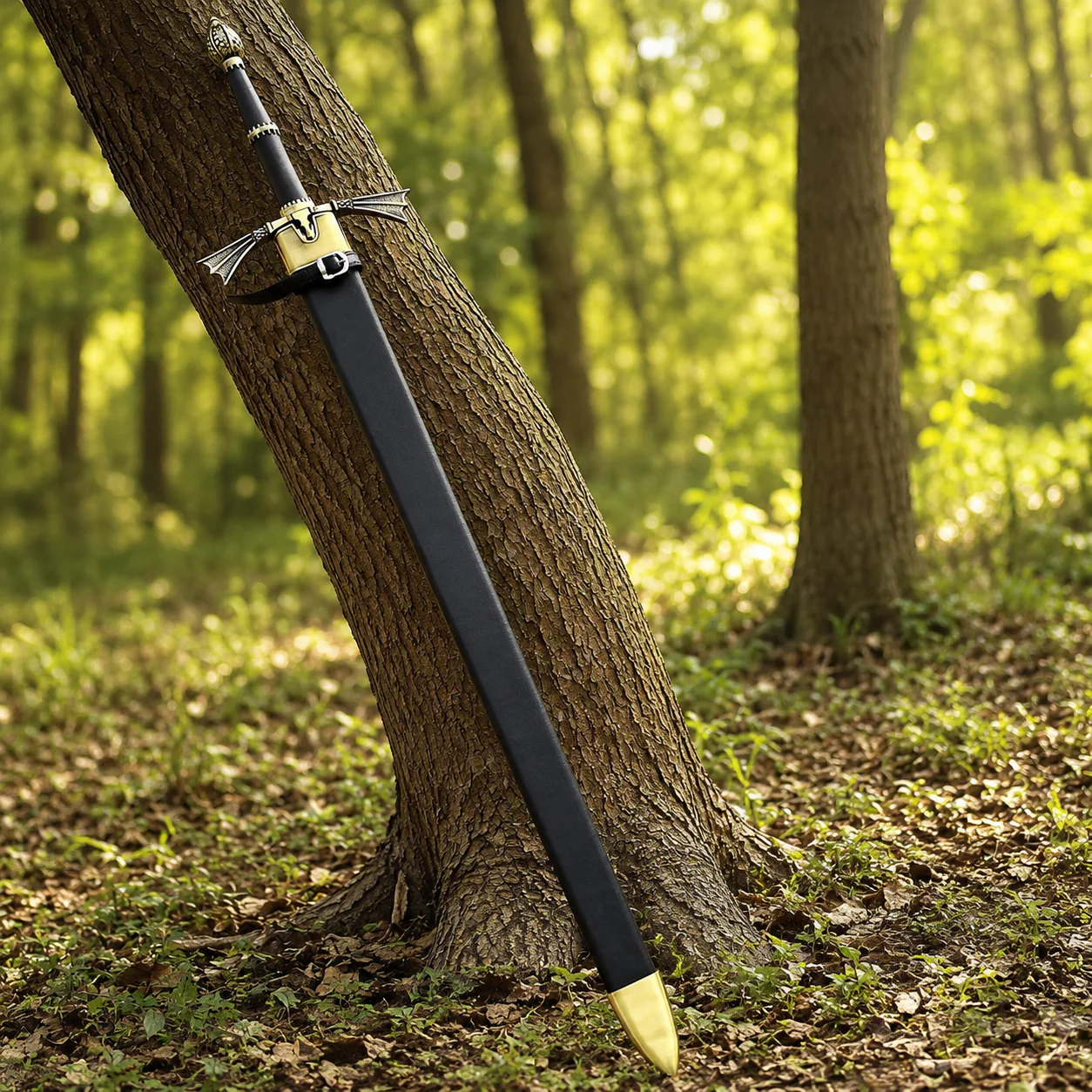 Dark Sister Sword replica with Damascus-style blade and ornate gold crossguard inspired by Game of Thrones.