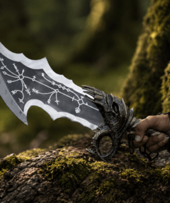 God of War Blades Replica inspired by Blades of Chaos twin swords with engraved stainless steel blades and decorative chains.