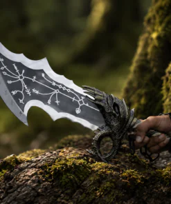 God of War Blades Replica inspired by Blades of Chaos twin swords with engraved stainless steel blades and decorative chains.