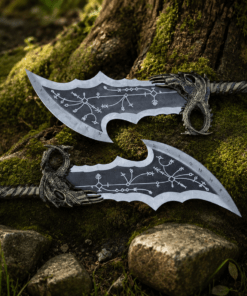 God of War Blades Replica inspired by Blades of Chaos twin swords with engraved stainless steel blades and decorative chains.