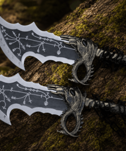 God of War Blades Replica inspired by Blades of Chaos twin swords with engraved stainless steel blades and decorative chains.
