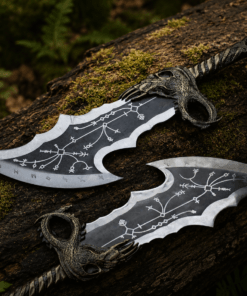 God of War Blades Replica inspired by Blades of Chaos twin swords with engraved stainless steel blades and decorative chains.