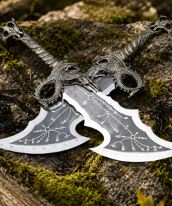 God of War Blades Replica inspired by Blades of Chaos twin swords with engraved stainless steel blades and decorative chains.